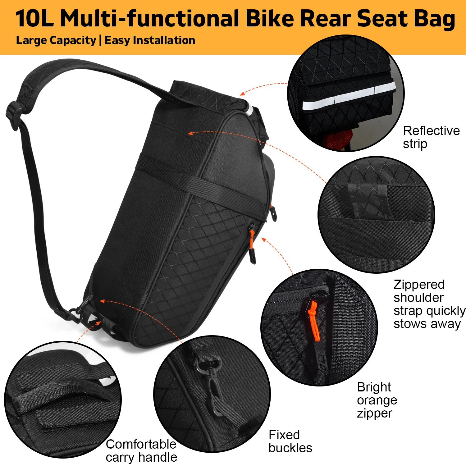 New Bike Trunk Bag Upgrade 900D 10L Large Capacity Anti-Tear Multi-Use Quick Install Fixing Commuting Outdoor Bicycle Accessory