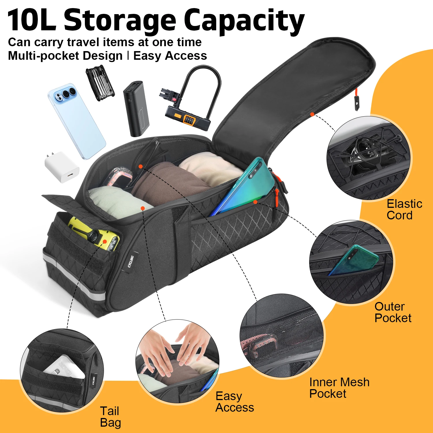 New Bike Trunk Bag Upgrade 900D 10L Large Capacity Anti-Tear Multi-Use Quick Install Fixing Commuting Outdoor Bicycle Accessory