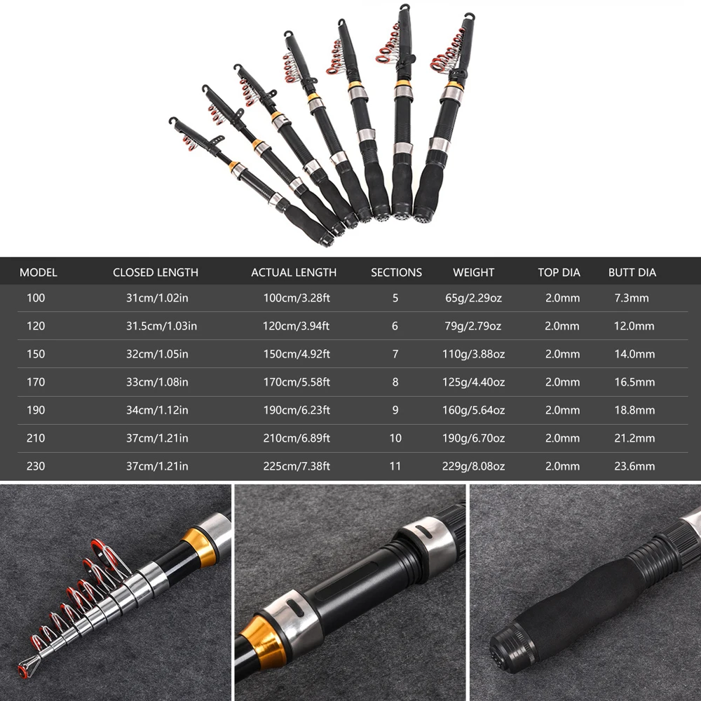 Ultra Short Mini Ice Fishing Rod Telescopic 1M-2.3M Pocket Travel Pole for Lure Fish in Saltwater Freshwater Winter