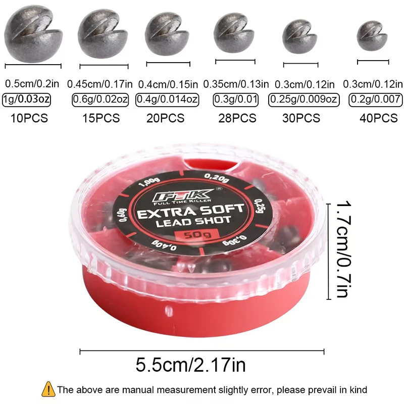 Extra Soft Lead Shot Split Shot Sinkers 50g Weight Assortment Box (0.2g 0.25g 0.3g 0.4g 0.6g 1.0g) for Float Fishing Rig Tackle