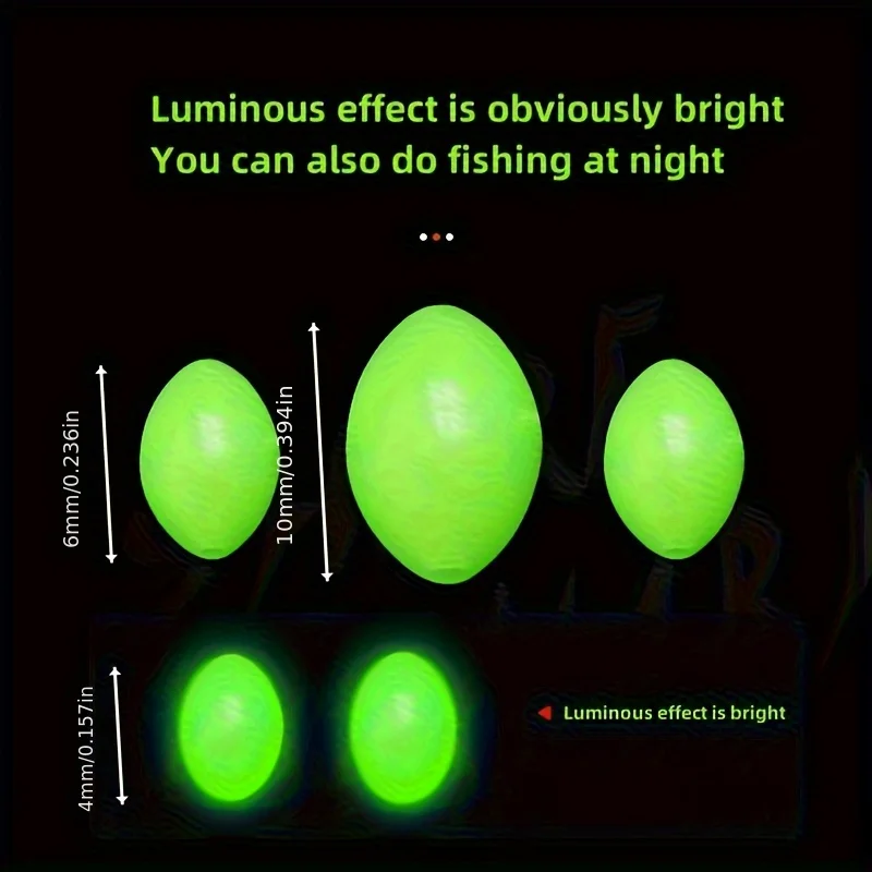 200pcs/lot Soft Fishing Glow in dark Beads Green Luminous Beads Rubber Oval Space Beans for Float Sea Tackle Lure Accessories