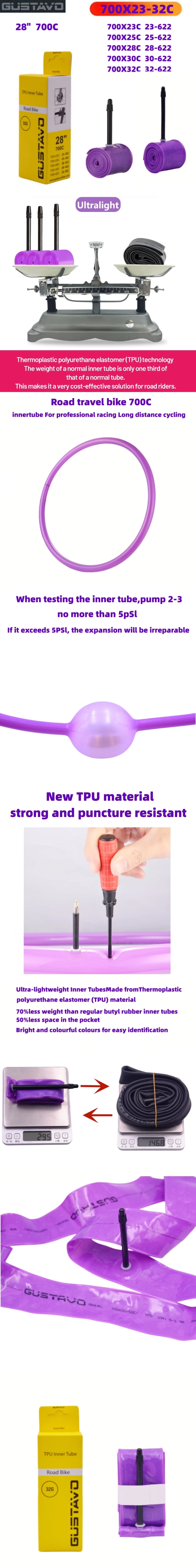 GUSTAVO TPU Bike Inner Tube 700C 700x23 25 28 32C Road Bicycle Tire Tubes 45 65 85mm Length FV Super Light