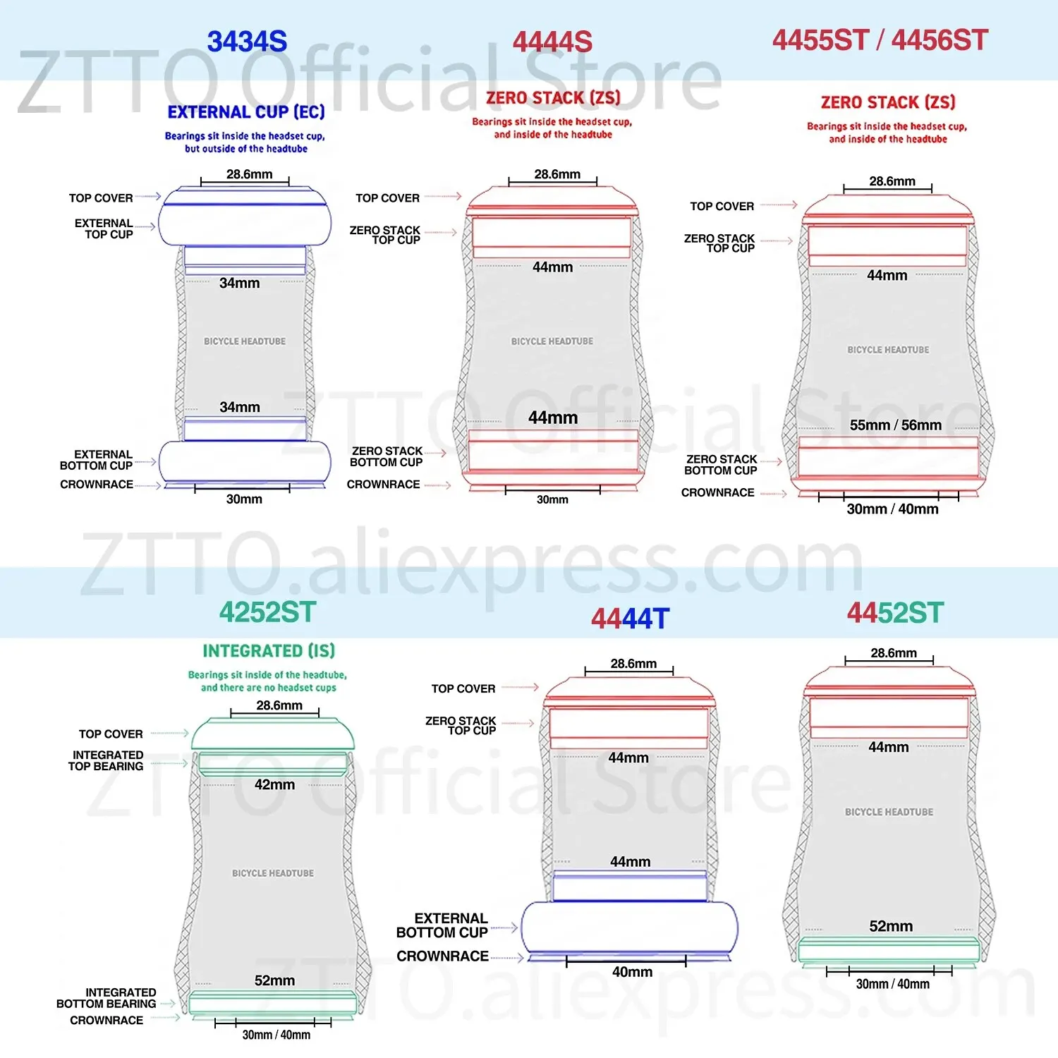ZTTO Bicycle Headset 42mm 44mm 56mm ZS44 IS42 IS52 ZS56 1-1/8" 28.6mm Straight Cone Tube Fork Bike Frame 4444S 4456ST 4252ST