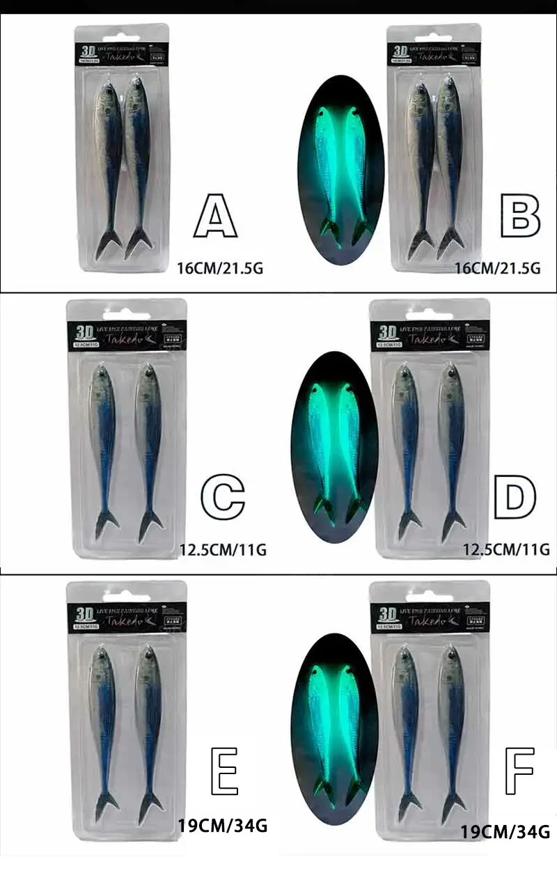 TAKEDO 3D Live Fish Painting Lure 12.5CM 16CM 19CM 34G Luminous Soft Fishing Bait Scissor Tail Fish For Tuna Bass Sea Fishing