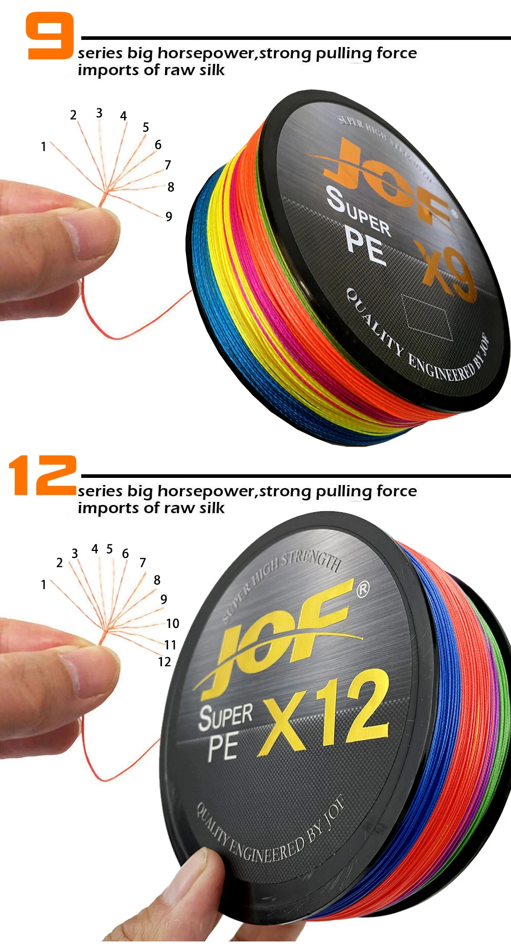 JOF Braided Fishing Line 12 Strands 9 Strands Multifilament PE Super Strong Japanese Line Carp 100M 300M 500M 20lb-92lb