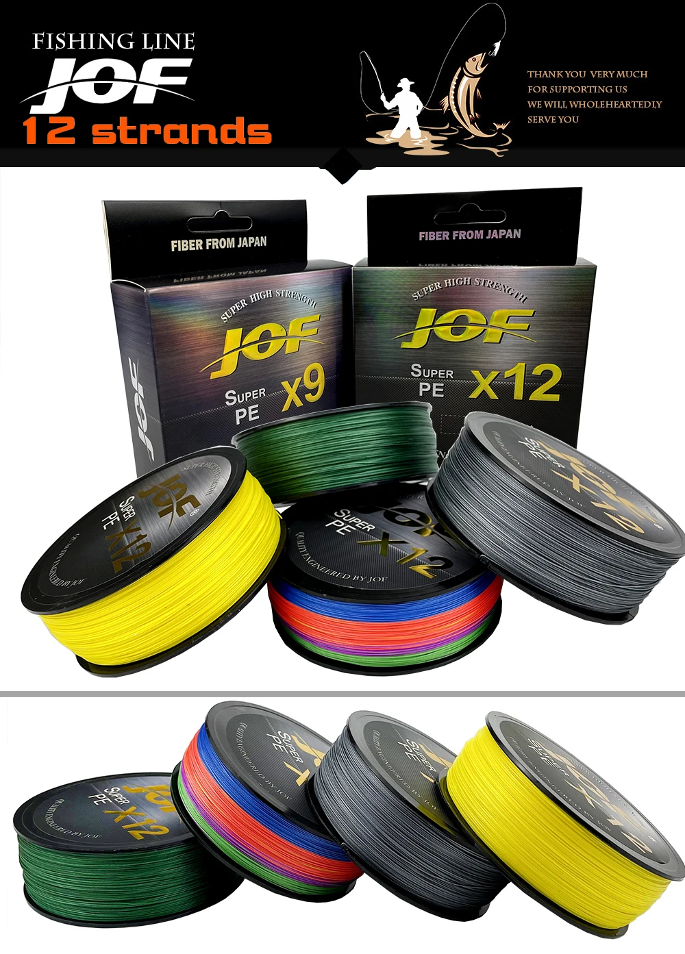 JOF Braided Fishing Line 12 Strands 9 Strands Multifilament PE Super Strong Japanese Line Carp 100M 300M 500M 20lb-92lb