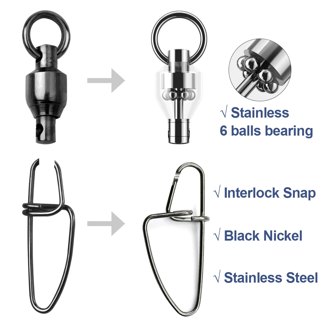 FishTrip Crosslock Snap Ball Bearing Swivels Stainless Steel Black Nickel 20~100Pack Interlock Snap Fishing Connector