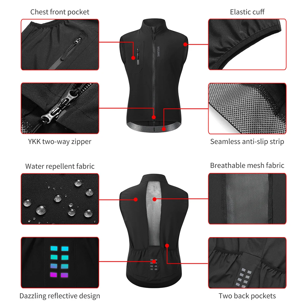 WOSAWE Ultralight Men's Cycling Windbreaker Windproof Jacket Bike Vest Water Resistant MTB Road Bicycle Long Jersey 2 Pockets