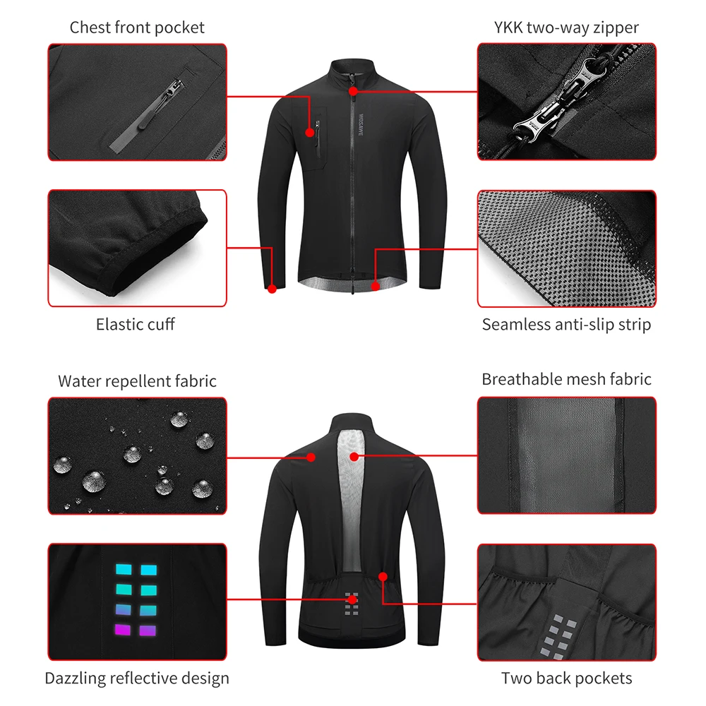 WOSAWE Ultralight Men's Cycling Windbreaker Windproof Jacket Bike Vest Water Resistant MTB Road Bicycle Long Jersey 2 Pockets