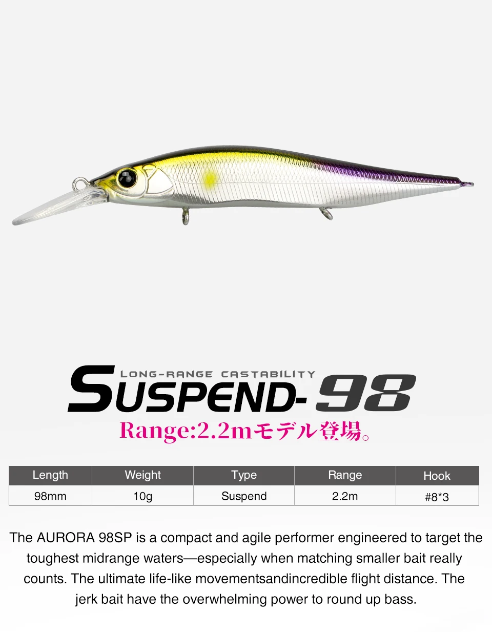 TSURINOYA 98SP Suspending Minnow Fishing Lure AURORA 98mm 10g Max 2.2m  Long Casting Bass Pike Jerkbait Hard Bait