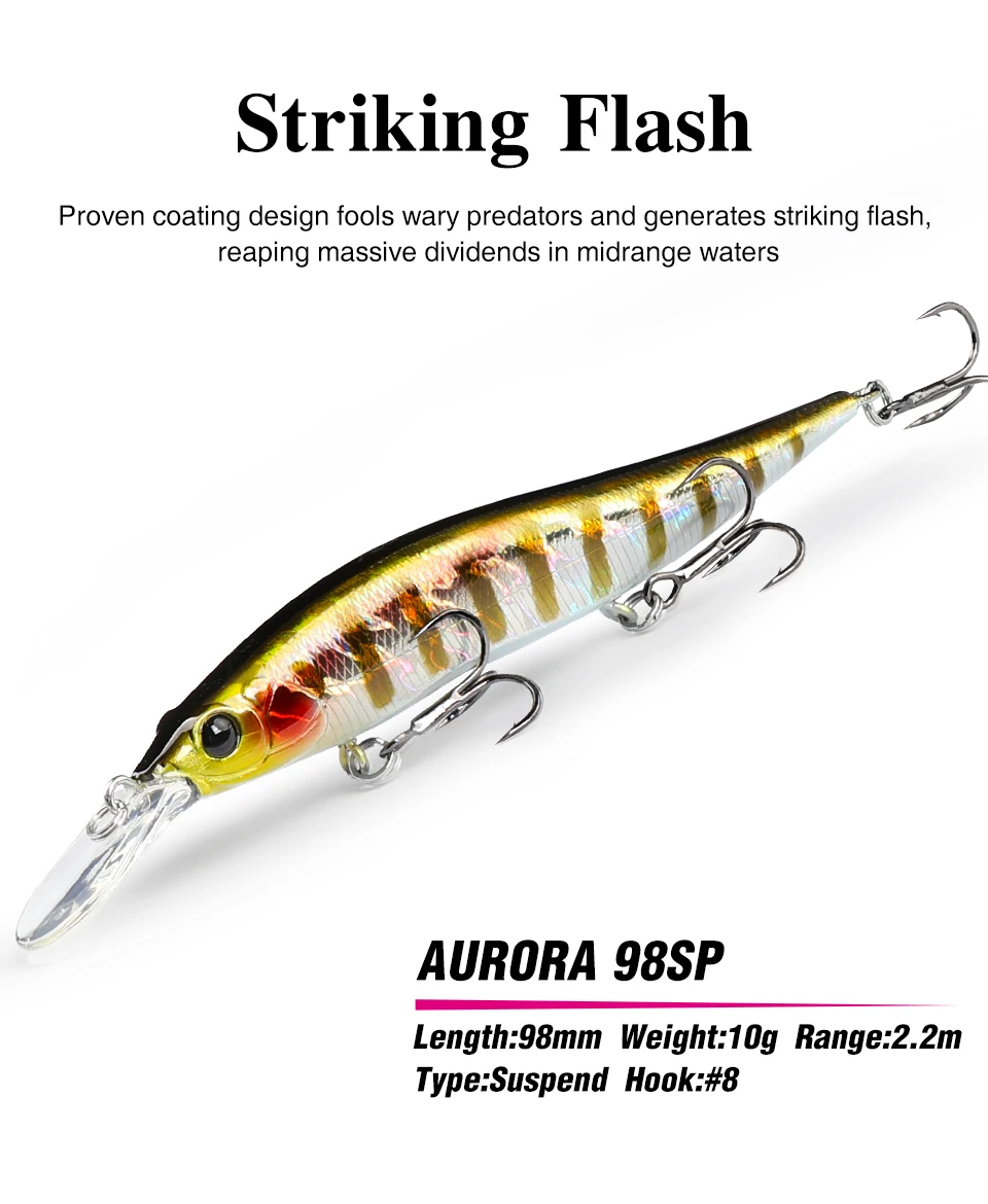 TSURINOYA 98SP Suspending Minnow Fishing Lure AURORA 98mm 10g Max 2.2m  Long Casting Bass Pike Jerkbait Hard Bait