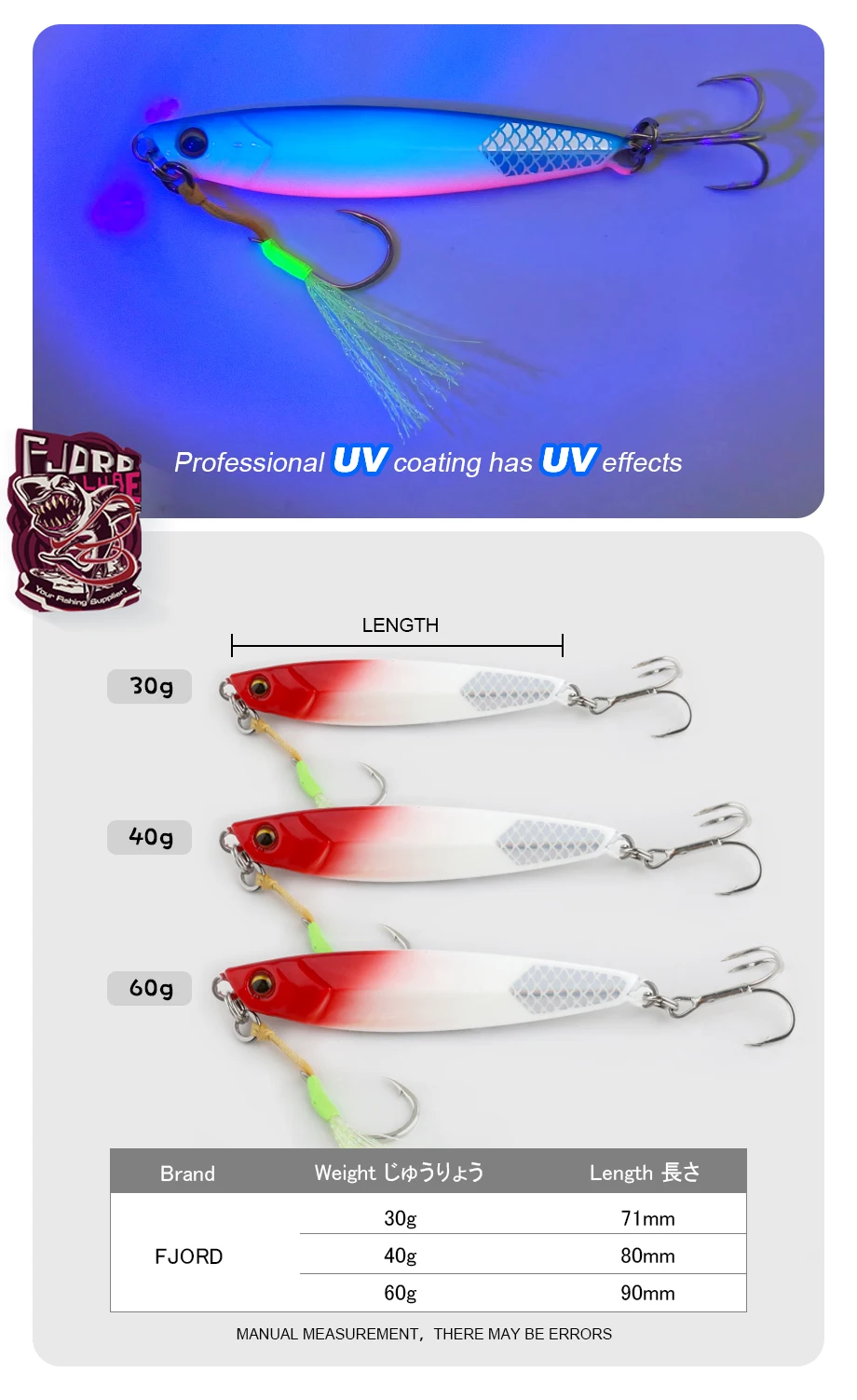 FJORD Flat Slow Glow Metal Jig Lead Fishing Lure Saltwter 20g 30g 40g 60g Shore Casting Artificial Bait Hooks Fishing Tackle