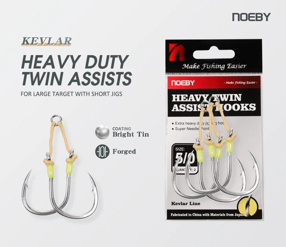 Noeby Heavy Duty Twin Assist Metal Jig Hook Large Target With Shore Jigs Super Needle Point Sharp High Strength Sea Fishing Hook