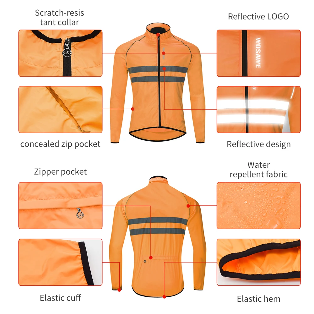 WOSAWE Men Cycling Windbreaker MTB Bicycle Long Sleeve Coat Water Resistant Outdoor Sport Jersey Bike Jacket Cycling Clothing