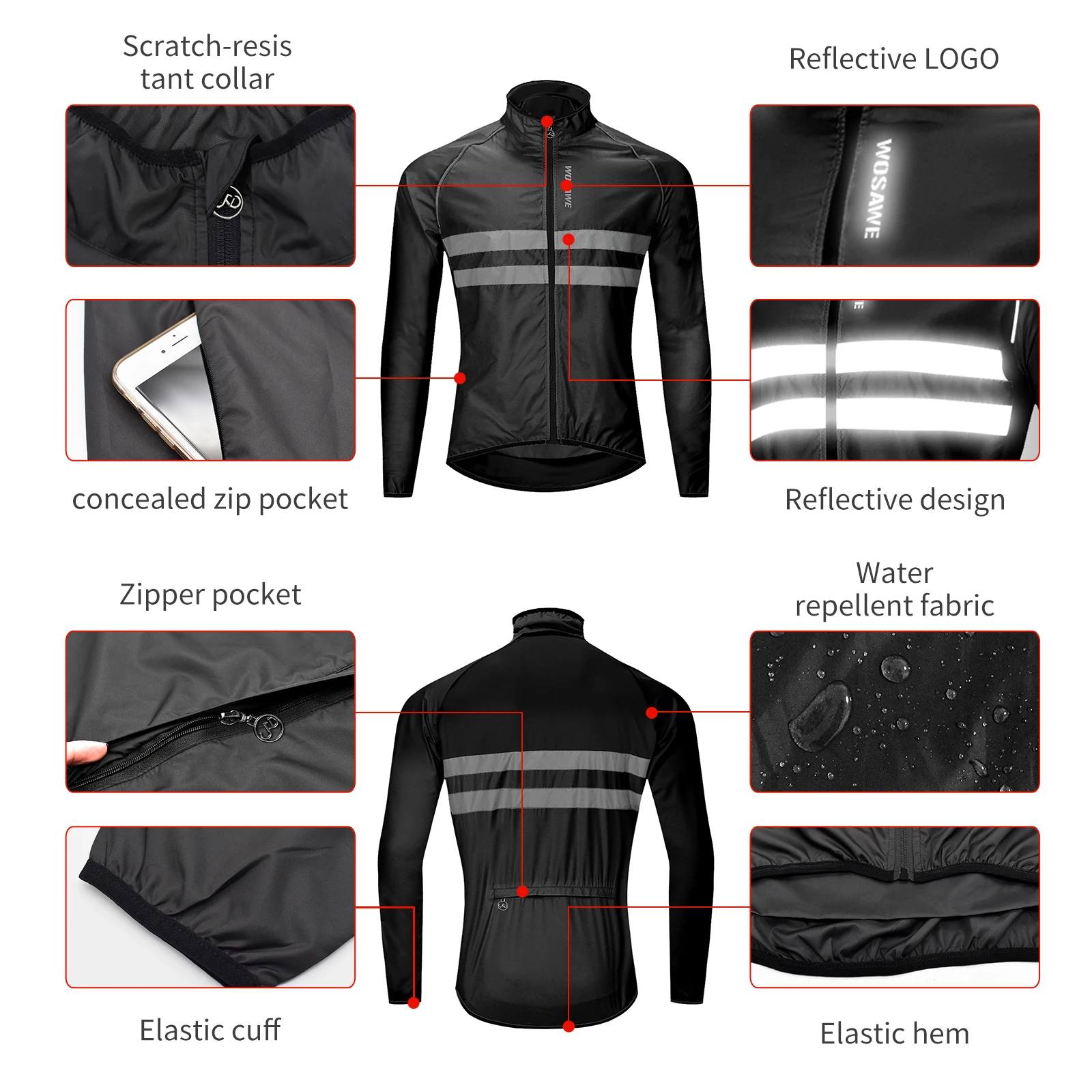WOSAWE Men Cycling Windbreaker MTB Bicycle Long Sleeve Coat Water Resistant Outdoor Sport Jersey Bike Jacket Cycling Clothing
