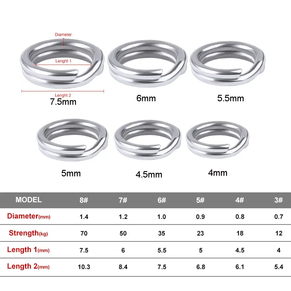 100pcs Stainless Steel 3#-8# Fishing Split Rings for Crank Hard Bait Silver Double Loop Split Open Carp Tool Fishing Accessories