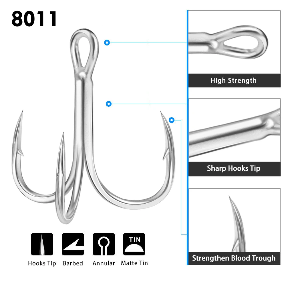 PROBEROS 50PCS Saltwater Fishing Hook 14#-3/0# Anti-rusty Treble HooksTin Color Fishhooks 3X High-Carbon Steel High Strength