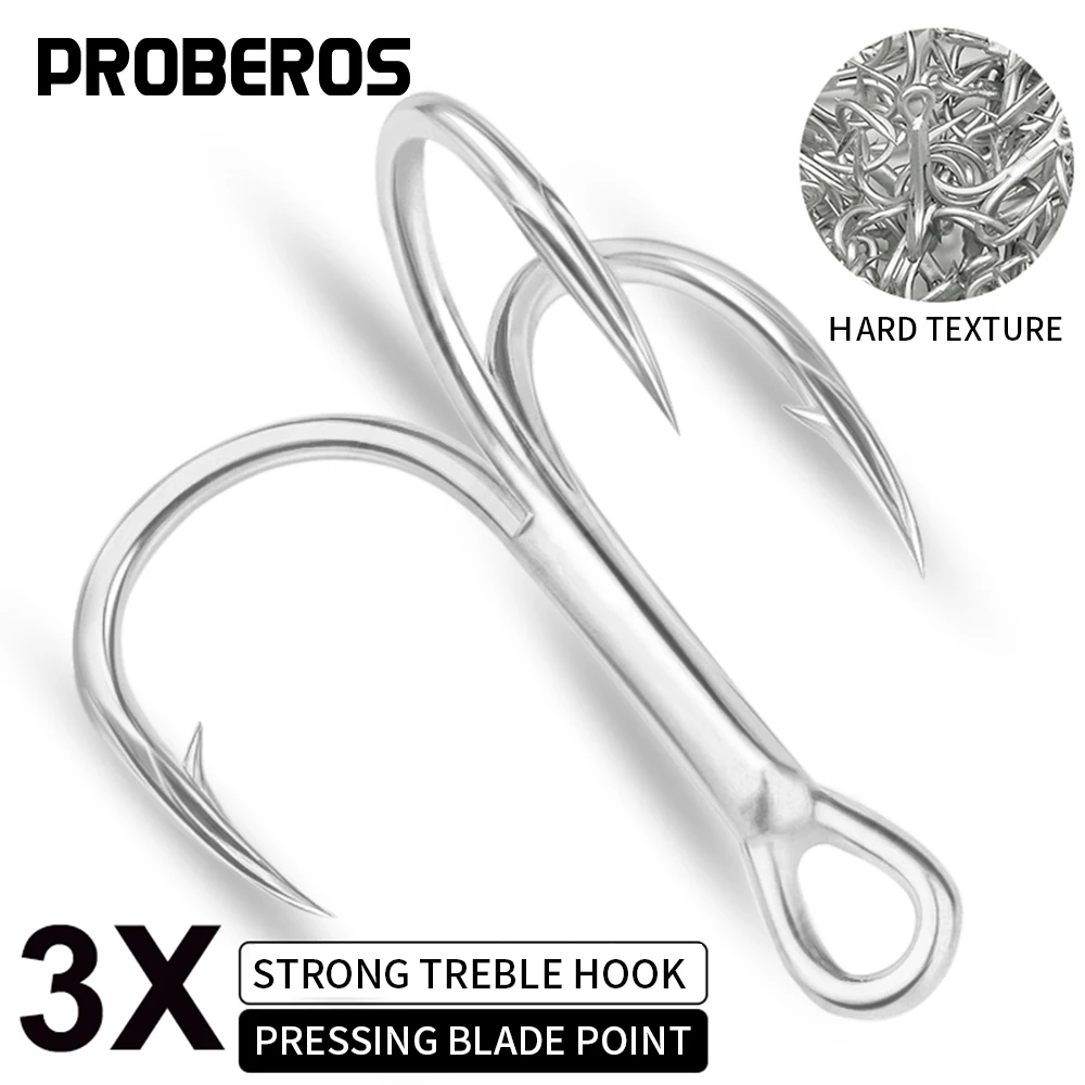 PROBEROS 50PCS Saltwater Fishing Hook 14#-3/0# Anti-rusty Treble HooksTin Color Fishhooks 3X High-Carbon Steel High Strength