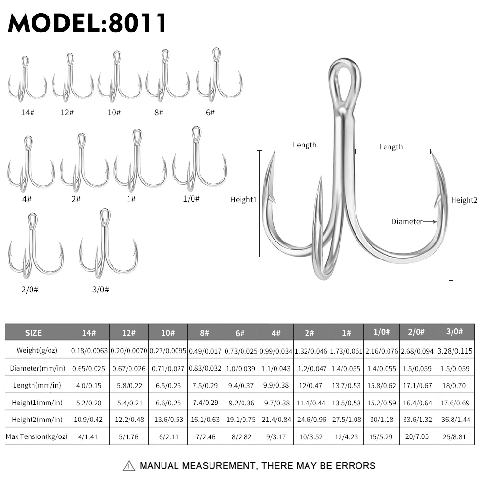 PROBEROS 50PCS Saltwater Fishing Hook 14#-3/0# Anti-rusty Treble HooksTin Color Fishhooks 3X High-Carbon Steel High Strength