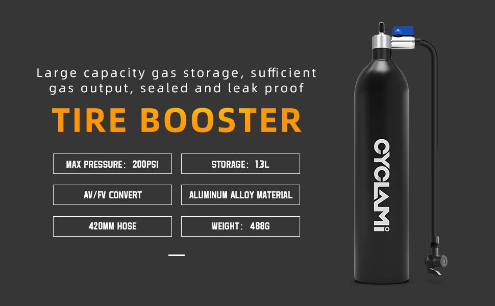 CYCLAMI Aluminum Alloy 1.3L MTB Road Inflator Tyre Air Bottle Tire Booster With Valve Gas Cylinder For Bike Vacuum Tubeless Tire