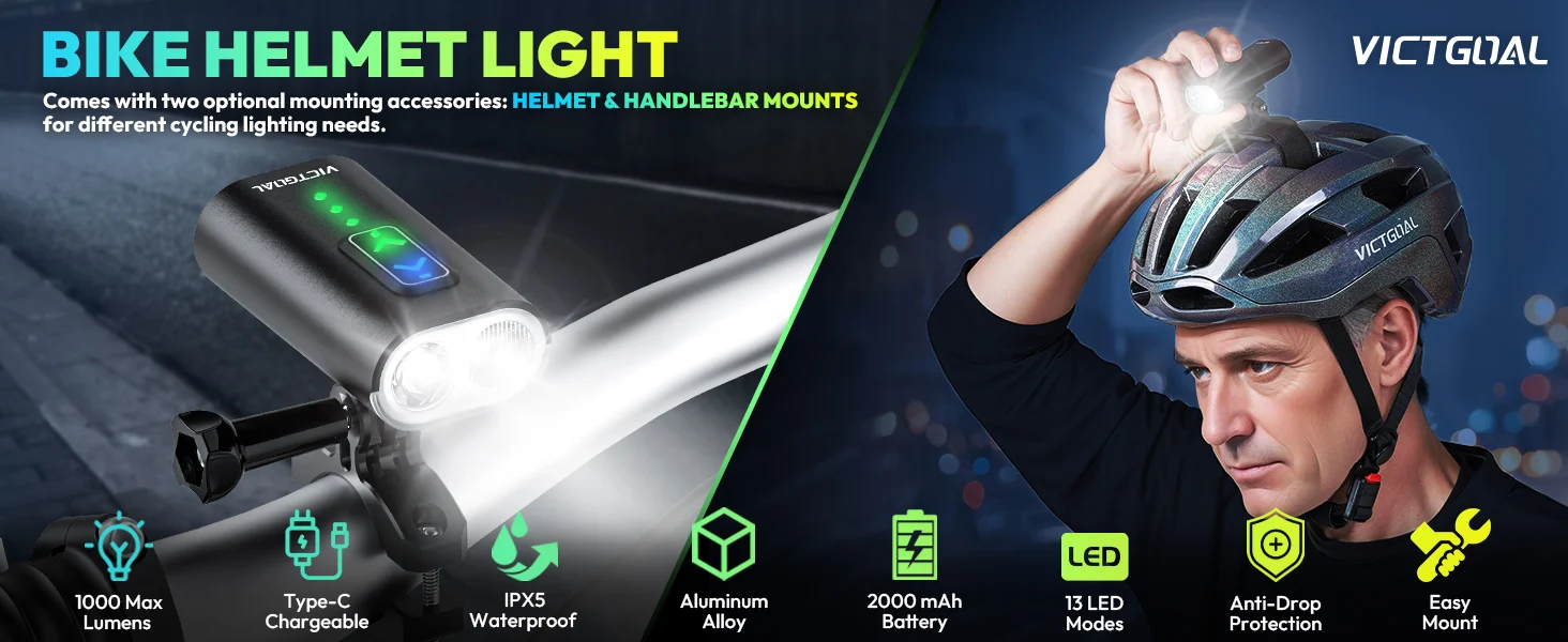 VICTGOAL Bicycle Light 1000LM Waterproof Bike Helmet Headlight Handlebar Type-C LED Flashlight MTB Cycling Scooter Front Lamp