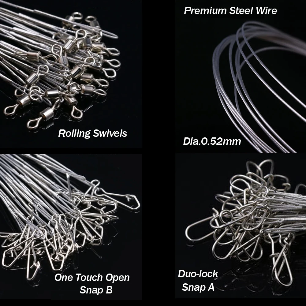 24Pcs Anti Bite Fishing Line Steel Wire Leader With Swivel Double-Lock Snap Accessory Lead Core Leash 25cm 15kg/35lb