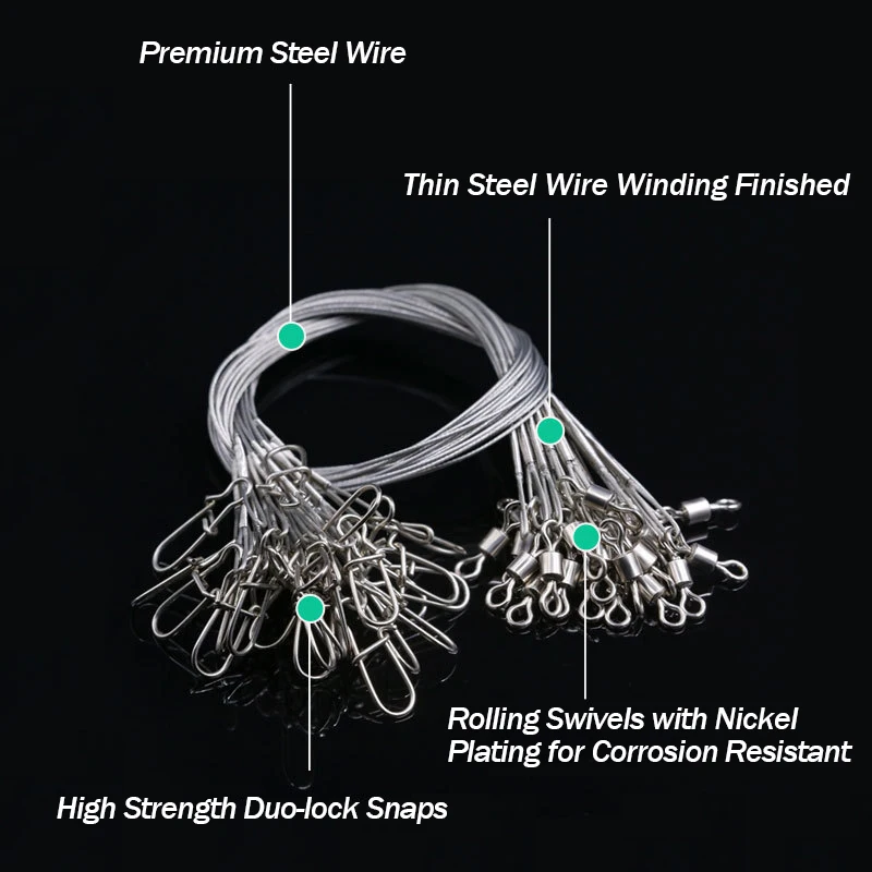 24Pcs Anti Bite Fishing Line Steel Wire Leader With Swivel Double-Lock Snap Accessory Lead Core Leash 25cm 15kg/35lb