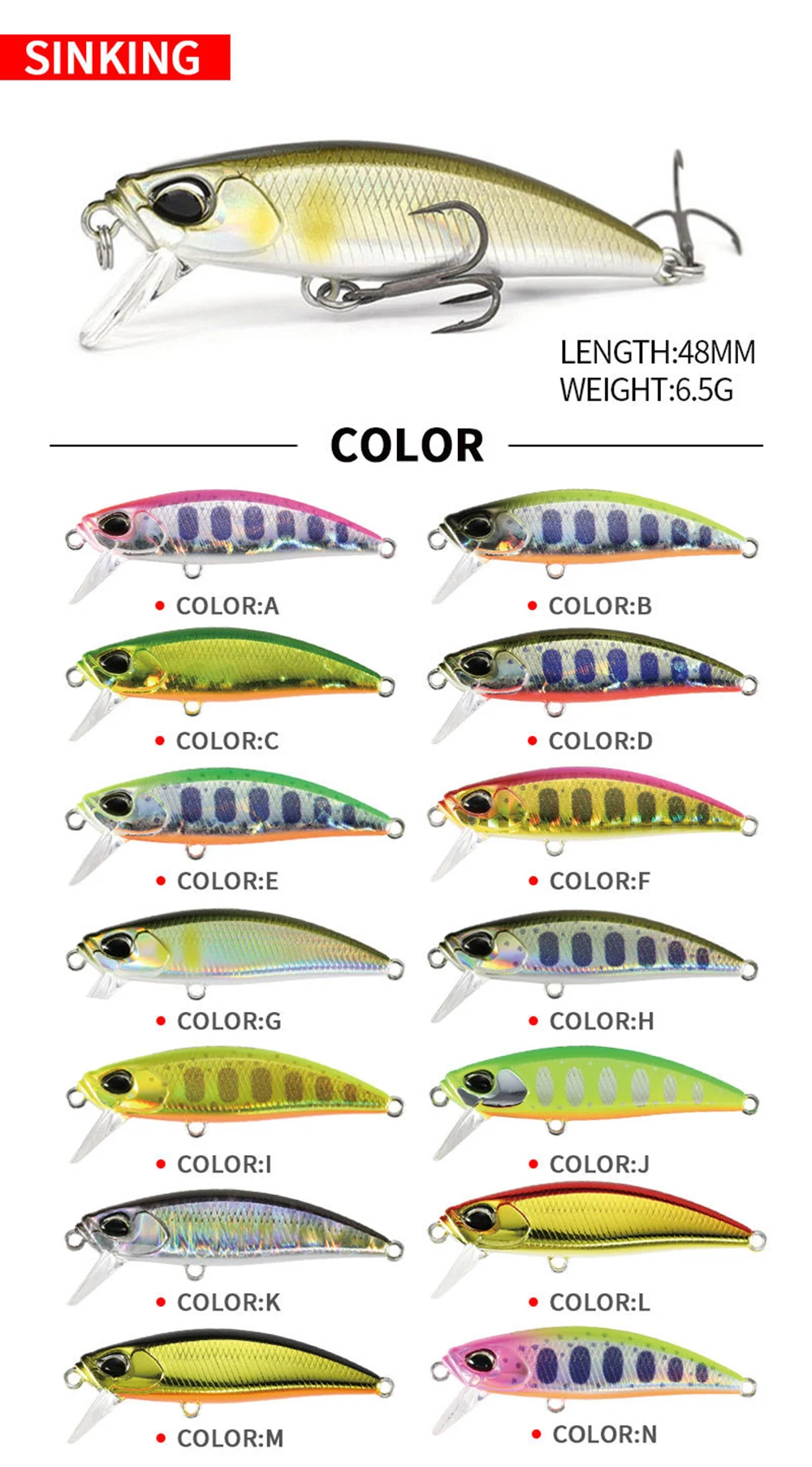 4.8cm 6.5g Fishing Lure Micro Minnow Wobbler Long Cast Sinking Trolling Jerkbait Swimbait Artificial Hard Bait Trout Bass Bait