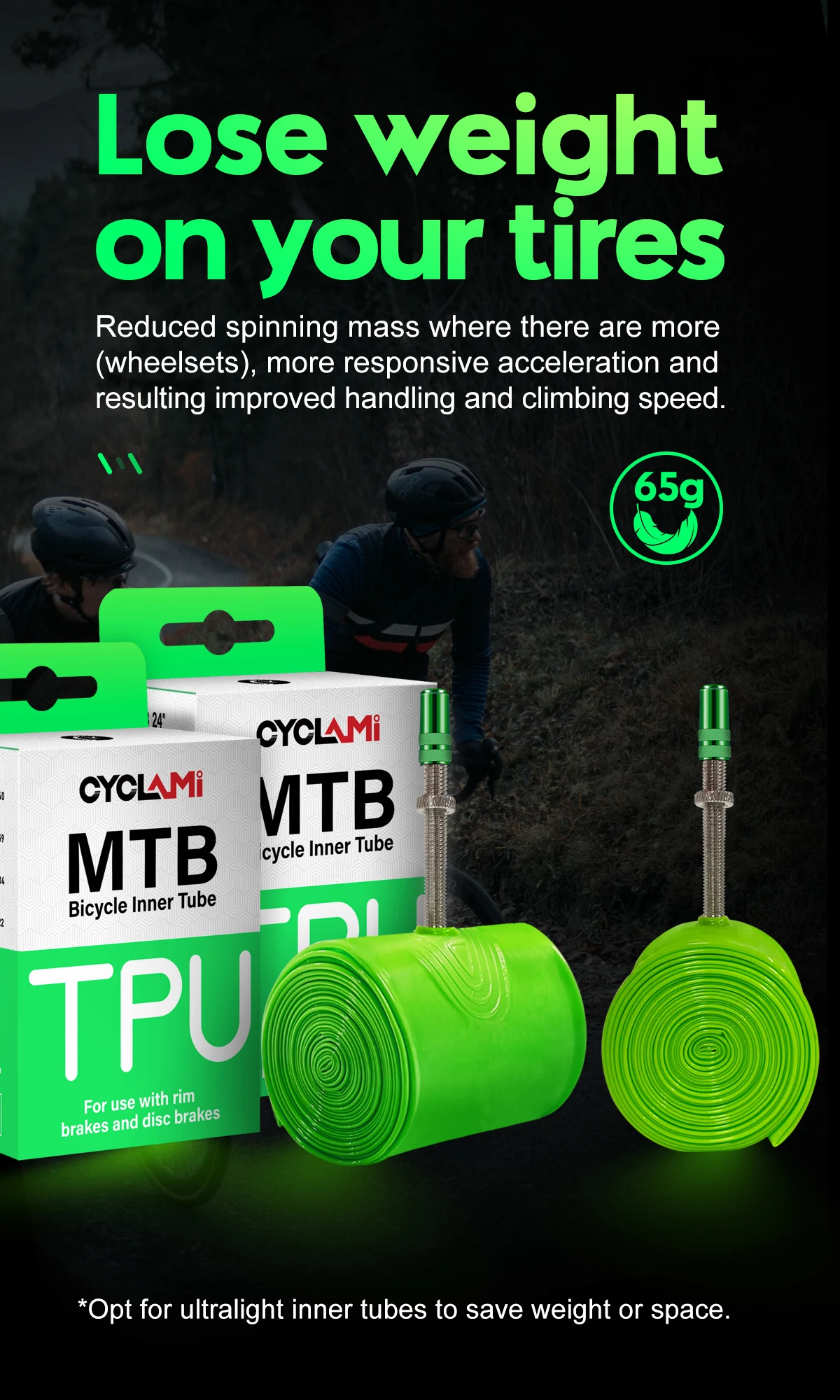 CYCLAMI Ultralight Bike Inner Tube 26 27.5 29 Inches MTB Bicycle TPU Material Tire 45mm French Valve Super Light Anti-Oxidation