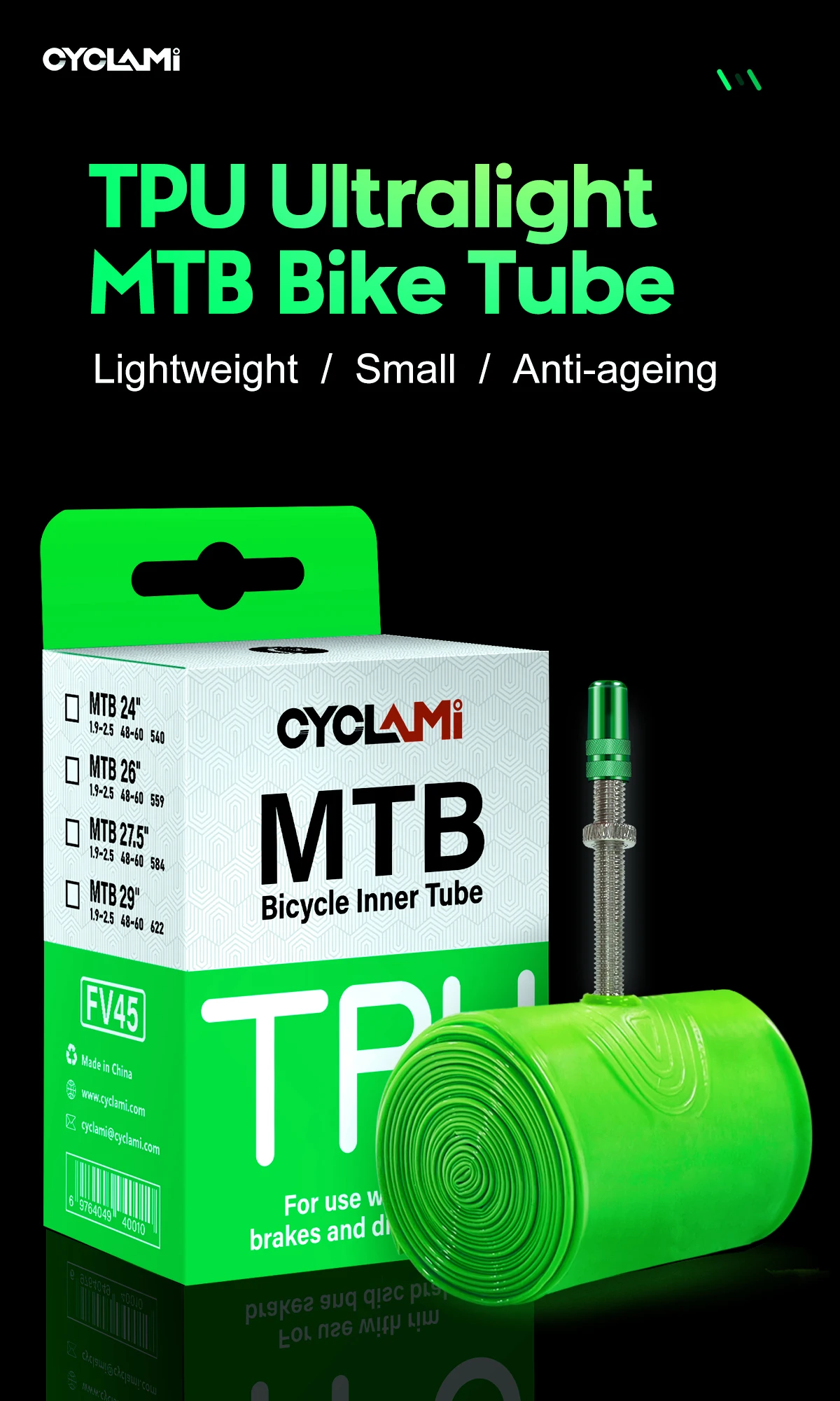 CYCLAMI Ultralight Bike Inner Tube 26 27.5 29 Inches MTB Bicycle TPU Material Tire 45mm French Valve Super Light Anti-Oxidation