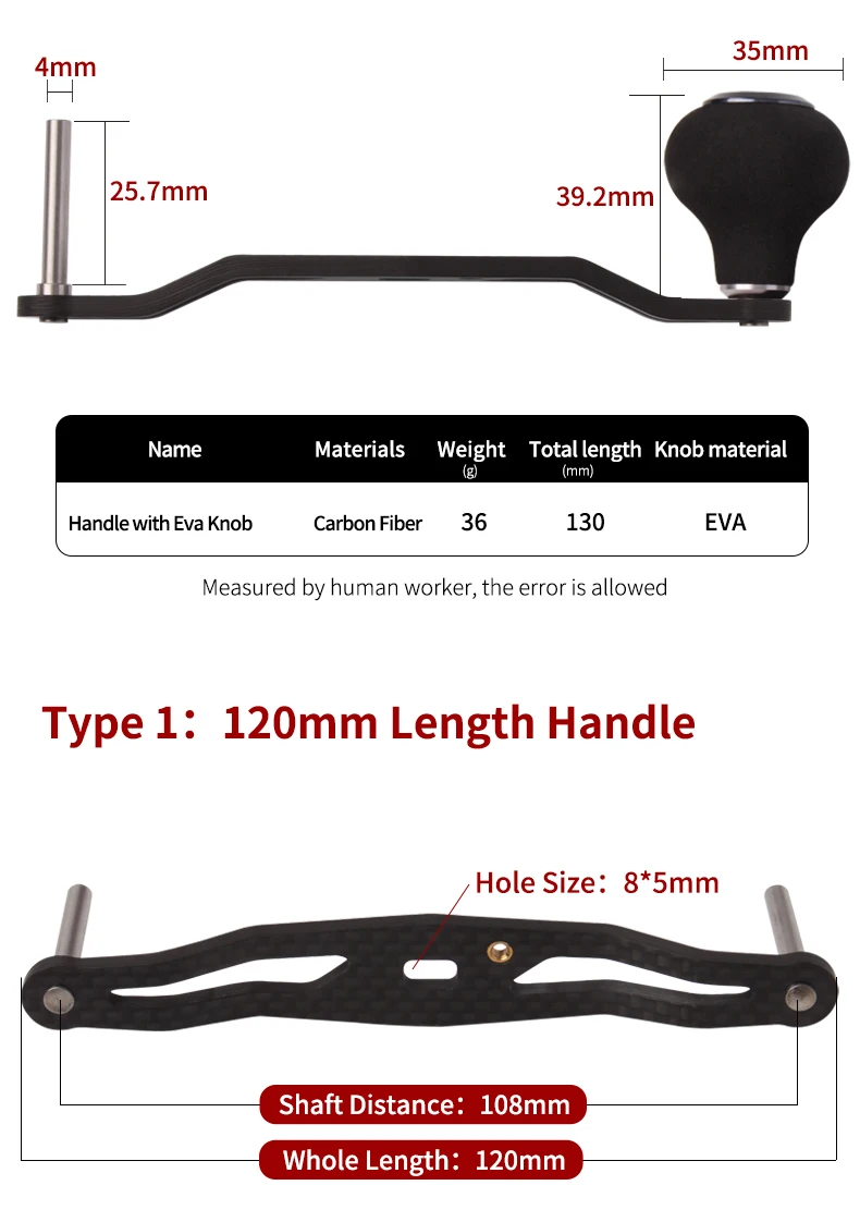 Kawa New Fishing Reel Handle Carbon Fiber With Eva Knob Length120mm Size 7x4 and 8X5mm For D/S Saltwater FishingRocker Accessory
