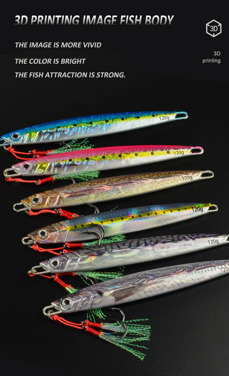 3D Metal Jig 60g 80g 100g 120g 150g 200g Sea Biomimetic Fish Iron Plate Bait Wobbler Fishing Lure Artificial Ocean Boat Fishing