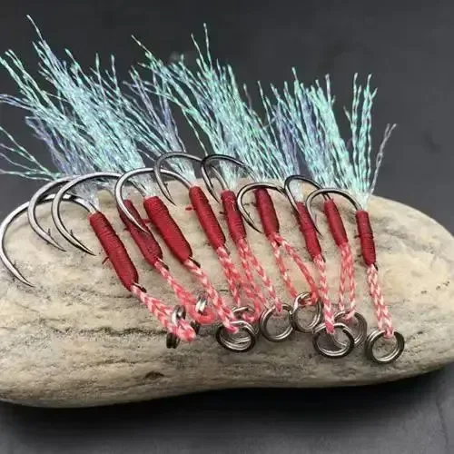 10pcs/Lot Slow Jigging Fishing Cast Jigs Assist Hook Barbed Single Jig Hooks Thread Feather Pesca High Carbon Steel Fishing Lure