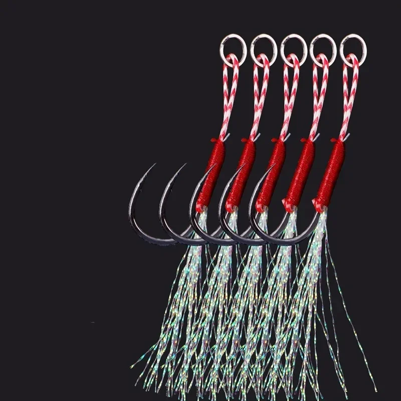 10pcs/Lot Slow Jigging Fishing Cast Jigs Assist Hook Barbed Single Jig Hooks Thread Feather Pesca High Carbon Steel Fishing Lure