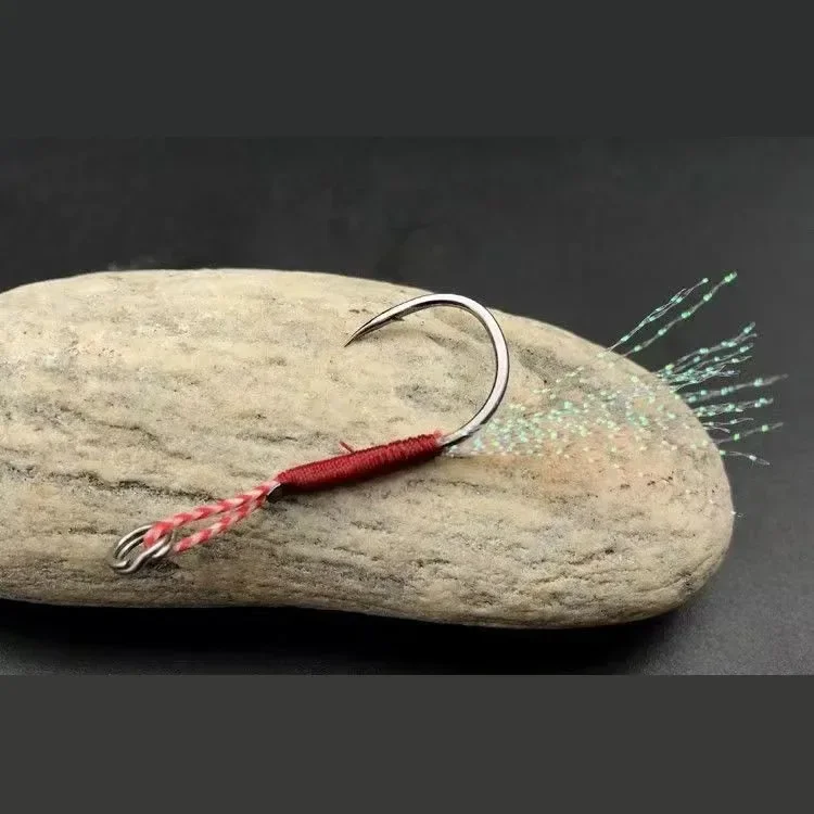 10pcs/Lot Slow Jigging Fishing Cast Jigs Assist Hook Barbed Single Jig Hooks Thread Feather Pesca High Carbon Steel Fishing Lure
