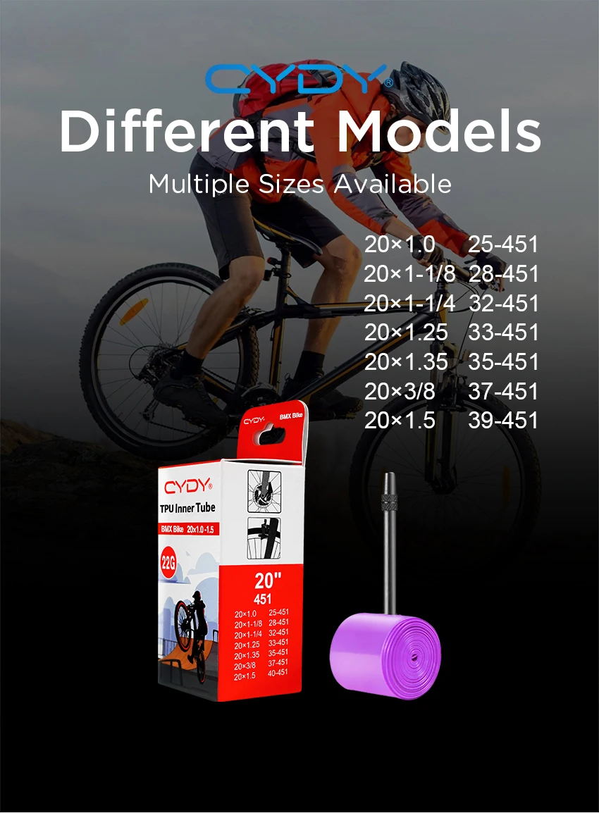 22g CYDY TPU Bike Inner Tube Camera 20' 451 20x1.0 1-1/8 1-1/4 1.25 1.35 1-3/8 1.5 Valve Length 45/65mm BMX Bicycle Tire Tyre