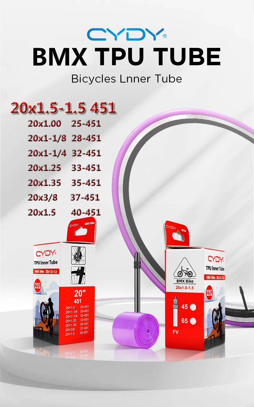 22g CYDY TPU Bike Inner Tube Camera 20' 451 20x1.0 1-1/8 1-1/4 1.25 1.35 1-3/8 1.5 Valve Length 45/65mm BMX Bicycle Tire Tyre