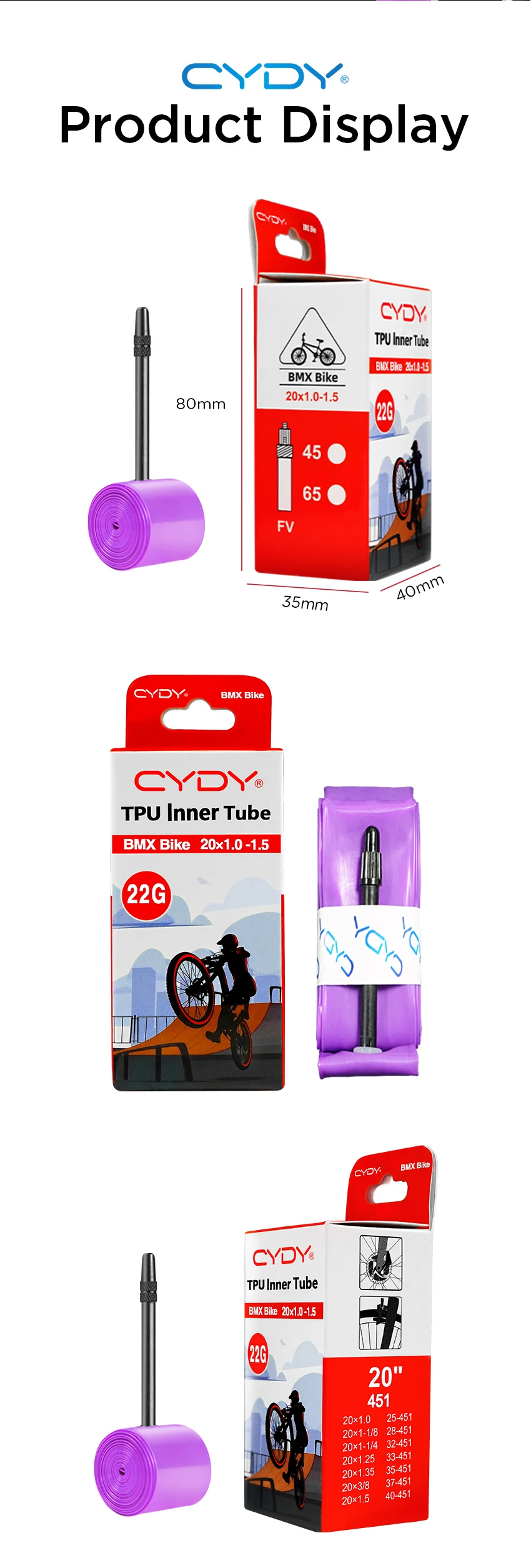 22g CYDY TPU Bike Inner Tube Camera 20' 451 20x1.0 1-1/8 1-1/4 1.25 1.35 1-3/8 1.5 Valve Length 45/65mm BMX Bicycle Tire Tyre