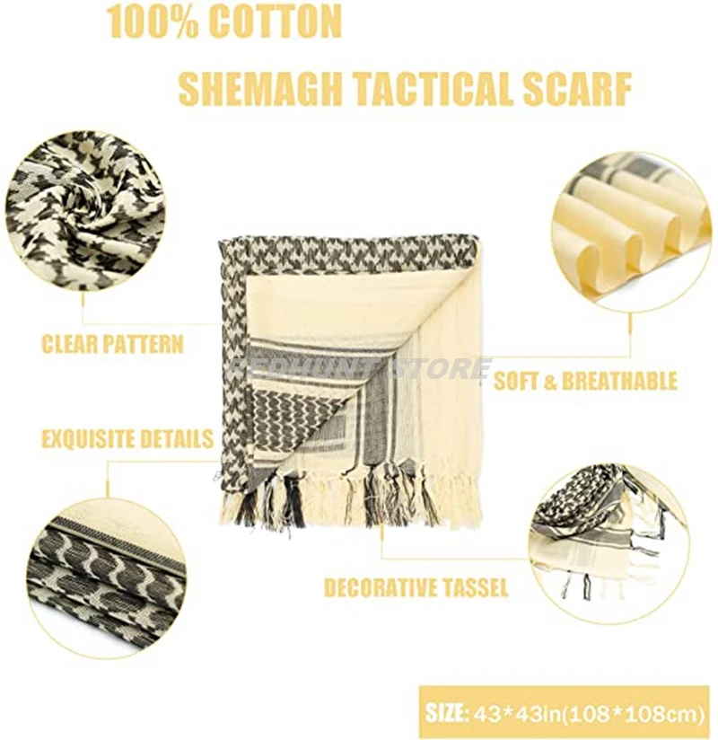 Tactical Hunting Scarf Shemagh Tactical Desert Keffiyeh Head Neck Scarf Arab Wrap with Tassel 43x43 Inches