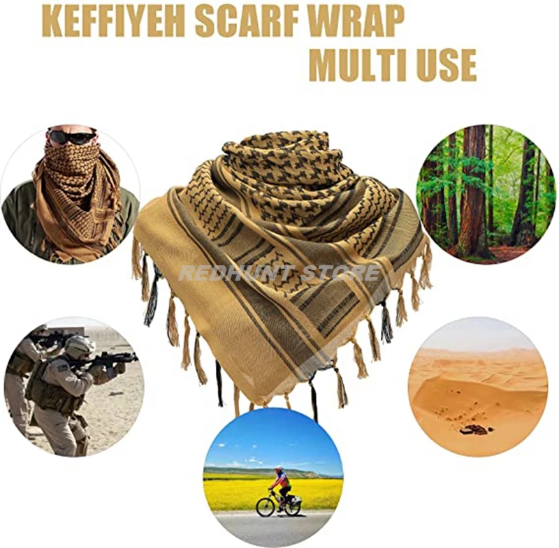 Tactical Hunting Scarf Shemagh Tactical Desert Keffiyeh Head Neck Scarf Arab Wrap with Tassel 43x43 Inches