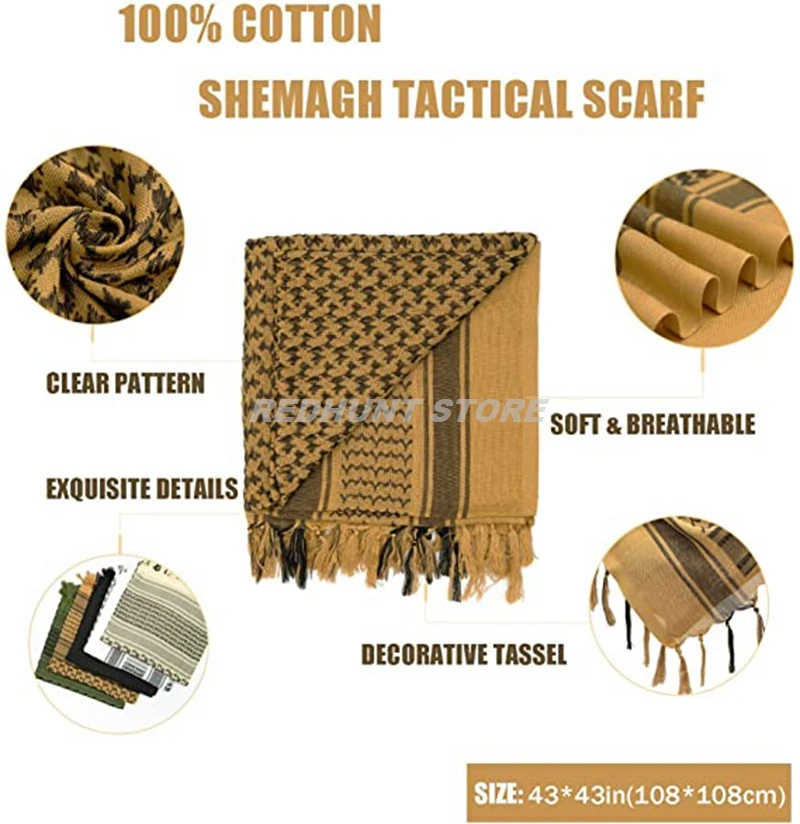 Tactical Hunting Scarf Shemagh Tactical Desert Keffiyeh Head Neck Scarf Arab Wrap with Tassel 43x43 Inches