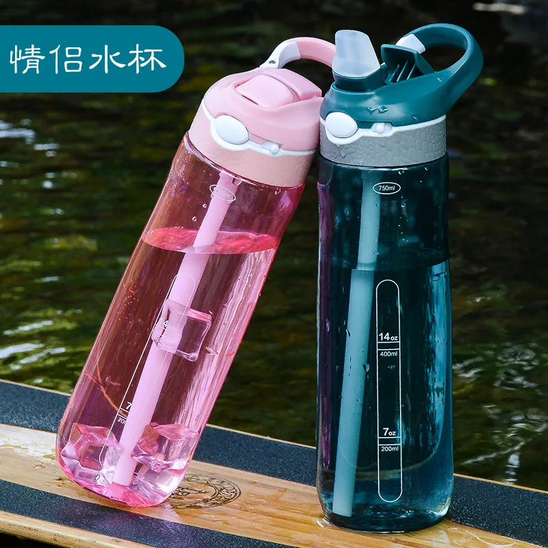 750ml Portable Sports Water Bottle With Straw For Camping Hiking Outdoor Plastic Transparent BPA Free Bottle For Men Drinkware