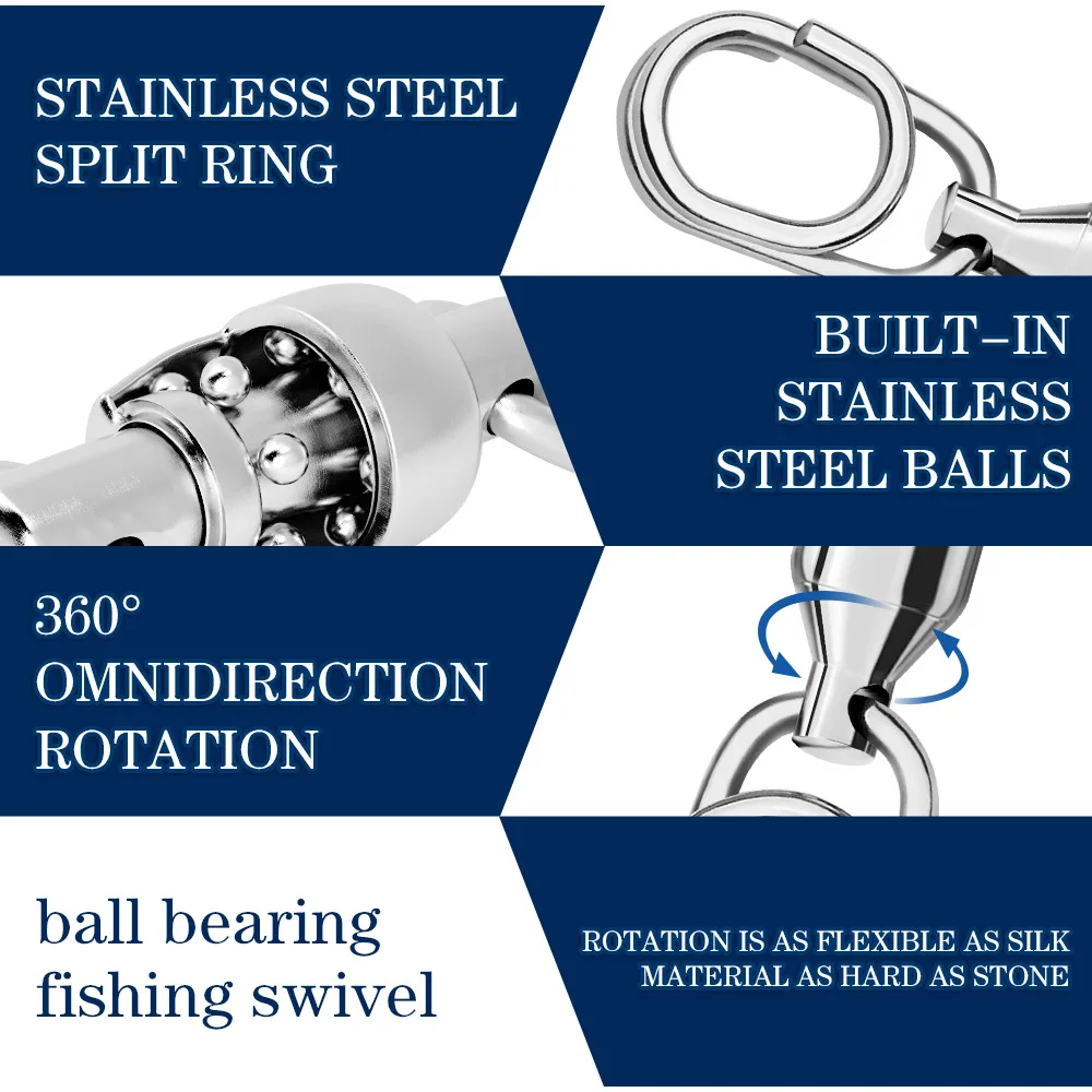 10Pcs Fishing Connector Rolling Swivel Snap Stainless Steel Swivels Ball Bearing Fast Snap Clip Fishing Lure Connector Tackle