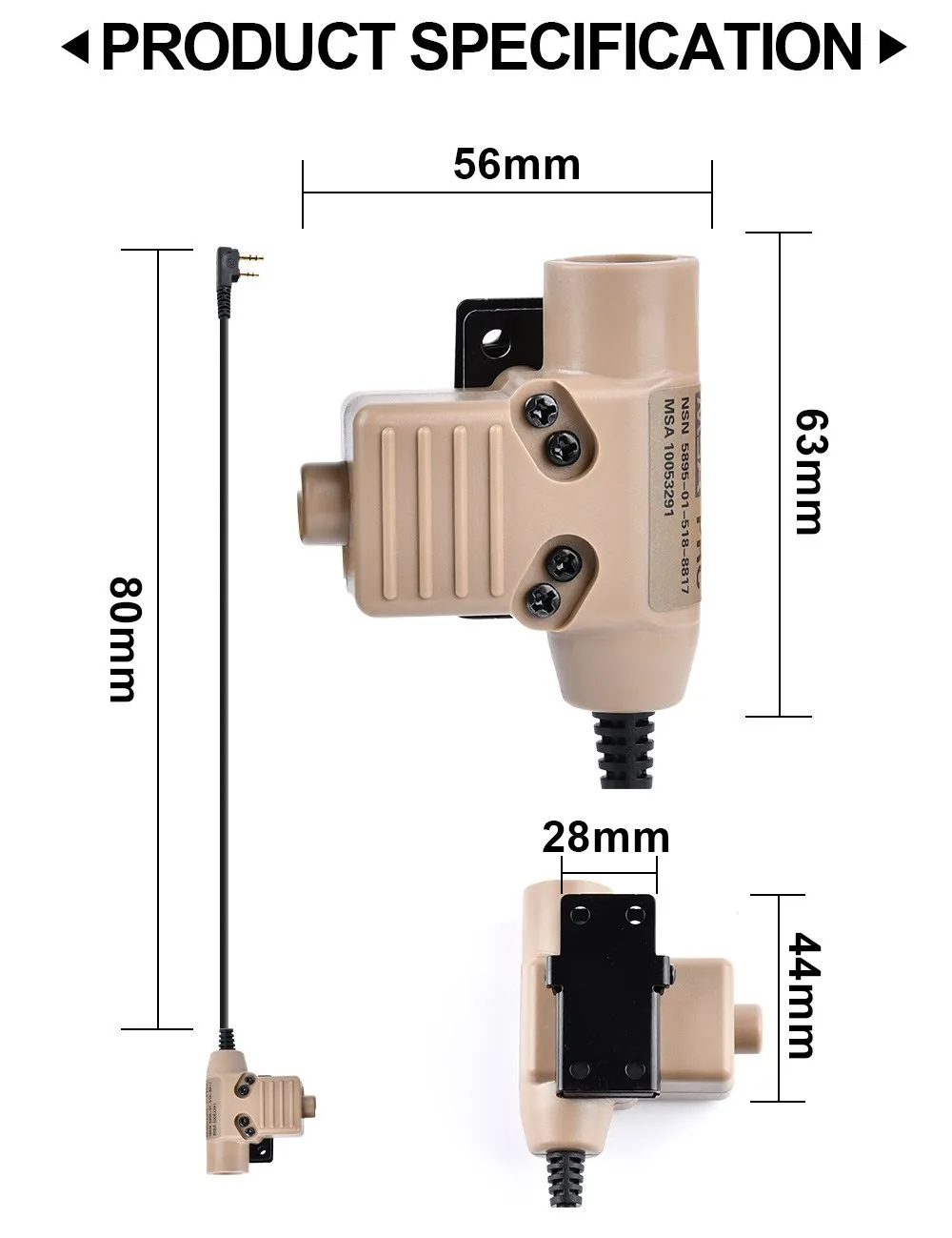 WADSN Military Tactical U94 PTT 7.0 Plug Headset Adapter For COMTAC Earmor Baofeng Kenwood Walkie Talkie Radio Motorola Midland