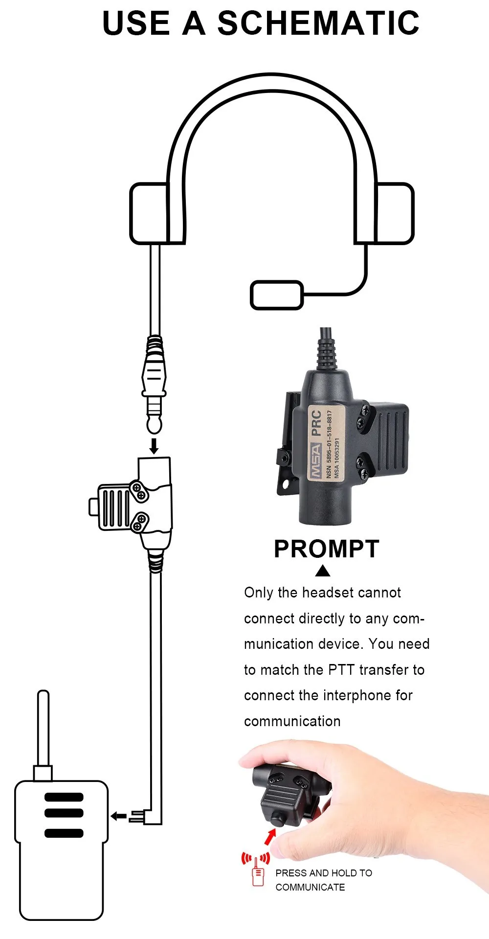 WADSN Military Tactical U94 PTT 7.0 Plug Headset Adapter For COMTAC Earmor Baofeng Kenwood Walkie Talkie Radio Motorola Midland