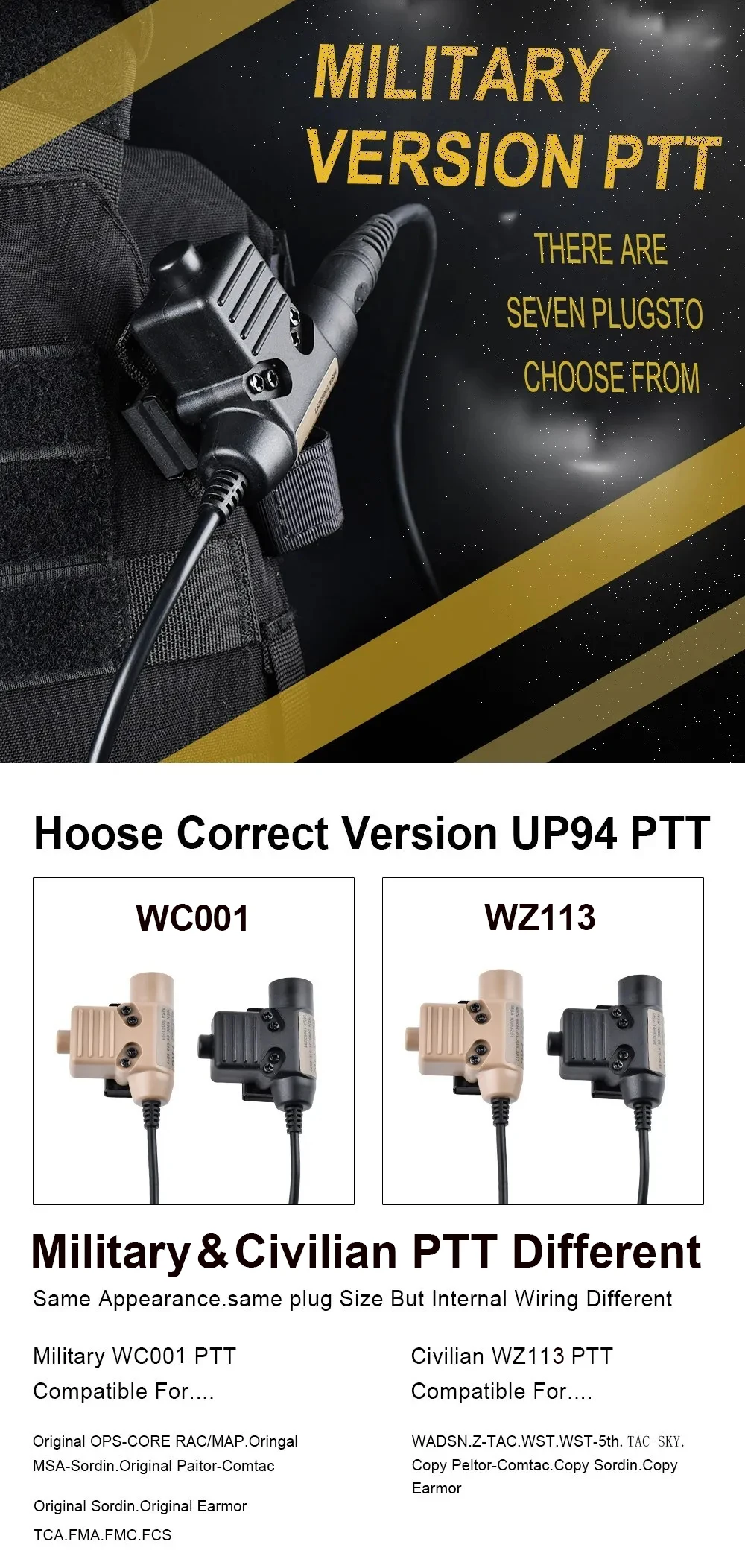 WADSN Military Tactical U94 PTT 7.0 Plug Headset Adapter For COMTAC Earmor Baofeng Kenwood Walkie Talkie Radio Motorola Midland