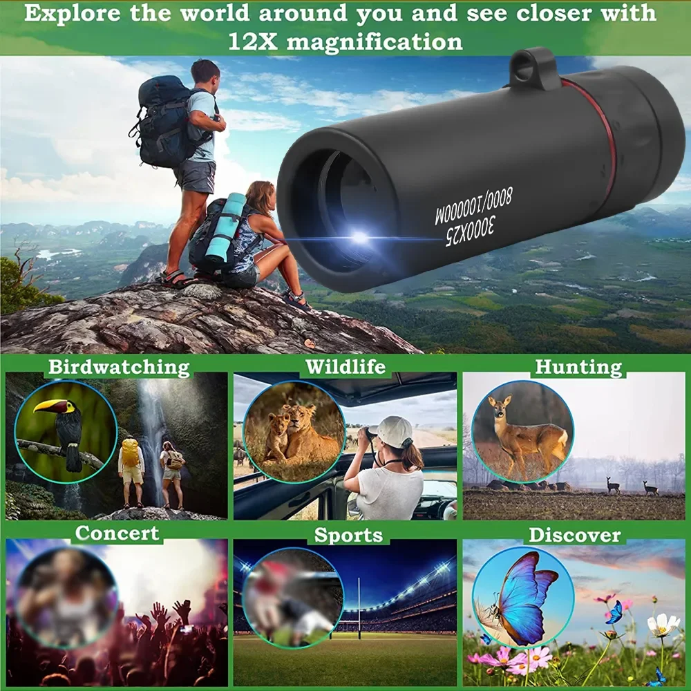 3000x25 monocular HD remote professional monocular, mini portable telescope, suitable for outdoor camping and hunting