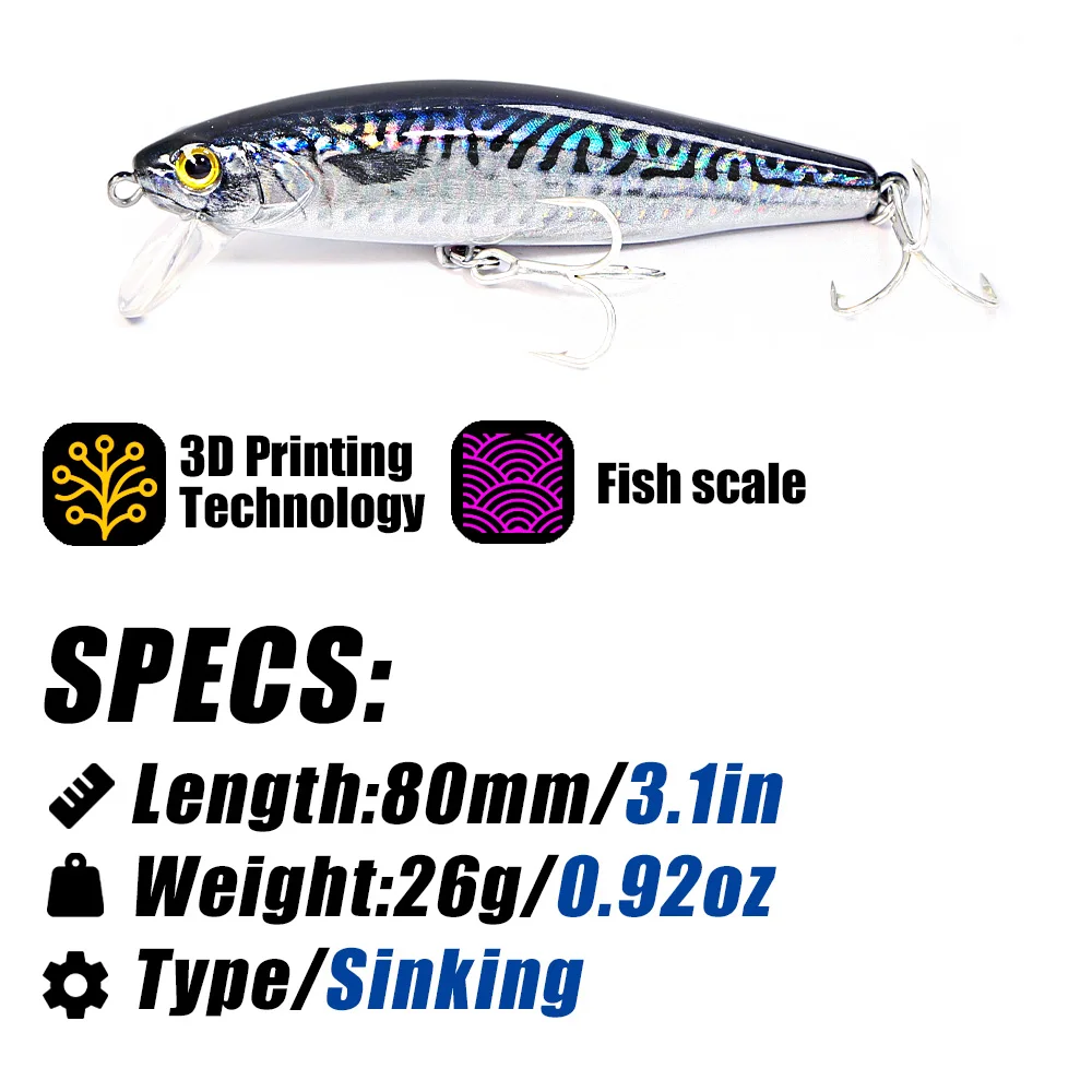 B&U 80mm Sinking Minnow Hard Lure Jerkbait Saltwater Long Casting Distance Fishing Lures Sea Artificial Bait Wobblers Sea Bass