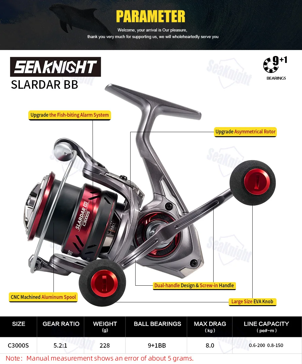 SeaKnight Brand SLARDAR BB C3000S Squid Fishing Dual-Handle Spinning Reel 5.2:1 Low Gear Ratio Anti-corrosive Saltwater Fishing