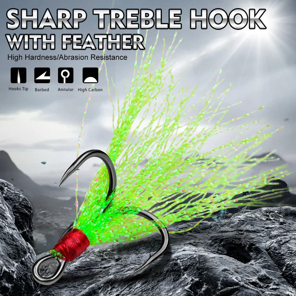 5Pcs 10Pcs Fishing Treble Hooks 4X Strength With Feather Tackle Fishing Hook Stronger Carbon Steel Barbed Fishhooks Pesca